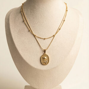 Rose Embossed Double Layered Pendant Necklace for Women